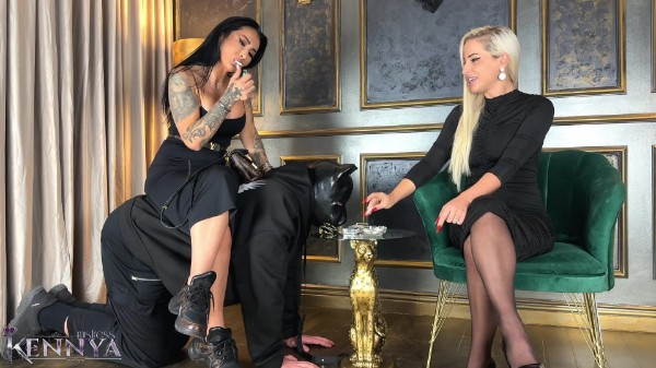 Mistress Kennya and my friend Ema Devine - Having a smoke with Miss Ema Devine on my human chair